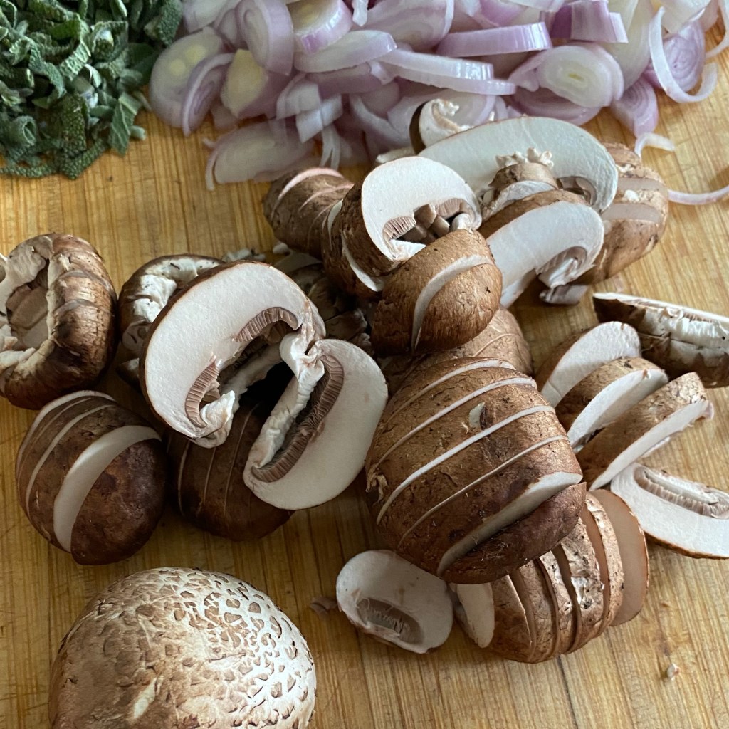 Shallots sage and mushrooms for vegan risotto recipe 